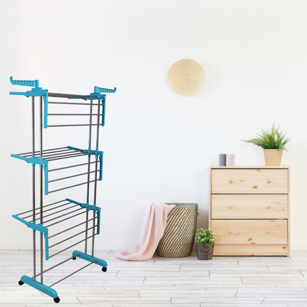 LivingBasics Stainless Steel Double Pole Foldable Clothes Drying Stand/Cloth Dryer Stands/Laundry Dry Rack with Wheels for Indoor/Outdoor/Balcony (Cyan Blue) (ABS Plastic)
