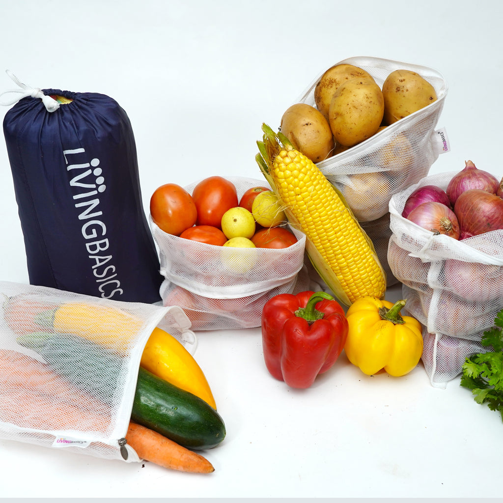 LIVINGBASICS Set of 12 Premium Double Layer Air Circulating Reusable Fridge / Refrigerator Bags / Pouches / Packs for Vegetables and Fruits Having Zip With Storage Bag (4 Large, 4 Medium and 4 Small Size)