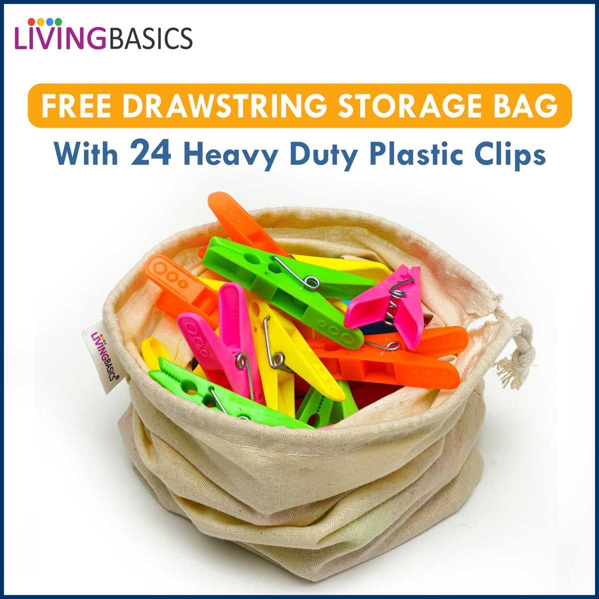 LivingBasics® Heavy Duty Rust Free Cloth Peg/Clothes Clip/Cloth Drying Pins/Pegs for Hanger/Rods/Ropes/Drying Clothes (24 Cloth Clip for Cloth Drying Stand) Plastic (24 Cloth Clips for Rope (M012))
