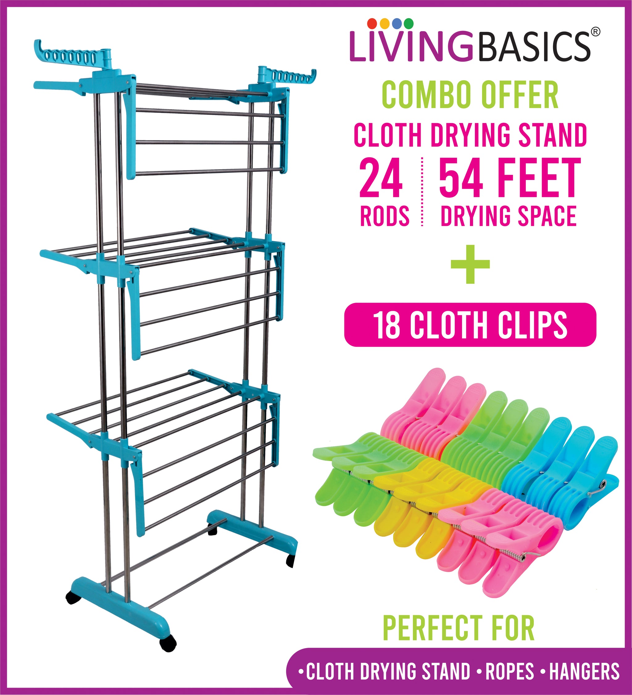 LivingBasics® Heavy Duty Rust-free Double Pole Clothes Drying Racks with Wheels for Indoor/Outdoor/Balcony (COMBO CYAN BLUE + ROD CLOTH CLIP)(ABS PLASTIC)