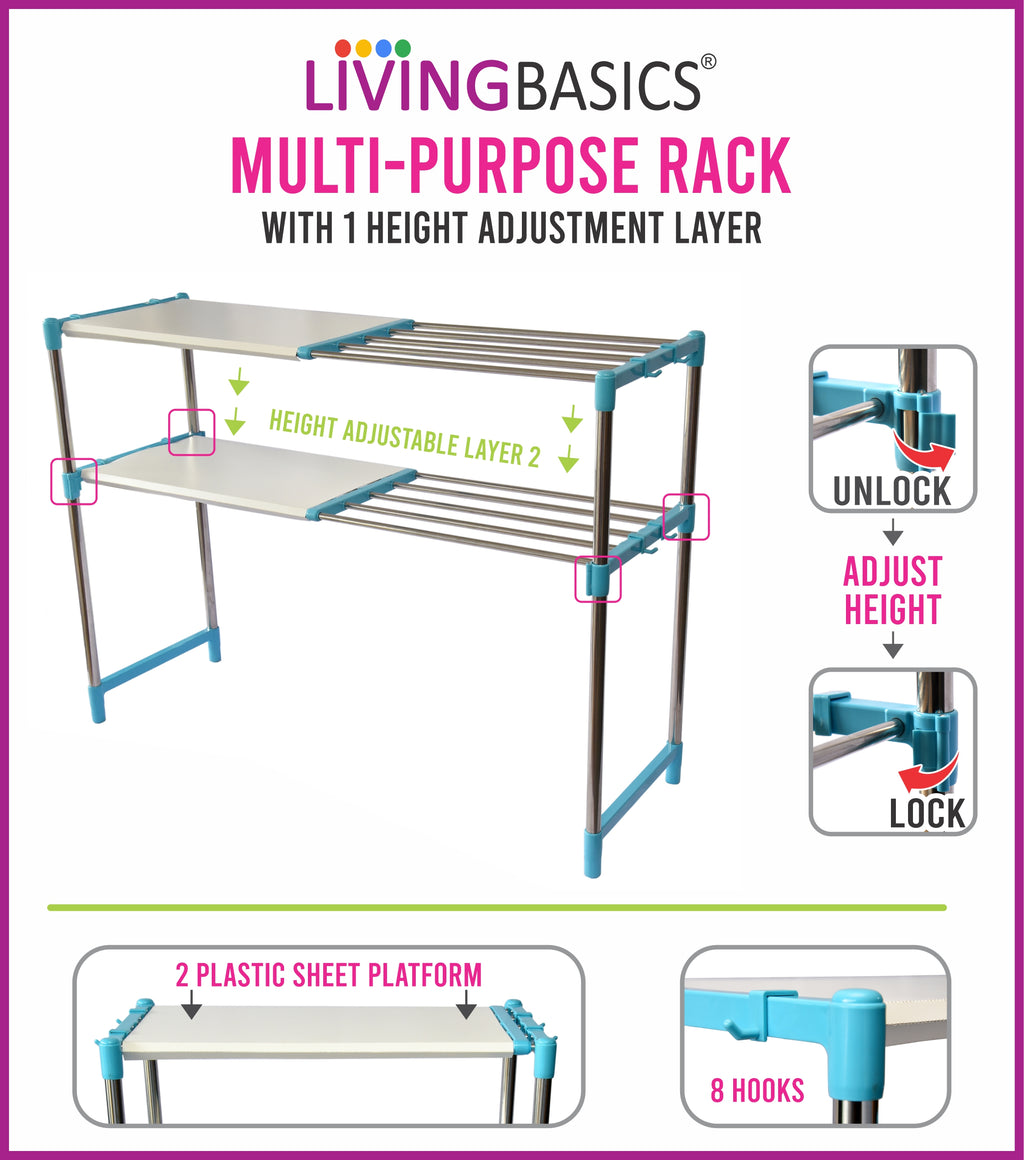 2 Layer Cyan Blue Stainless Steel Adjustable Multipurpose Stand for Storage