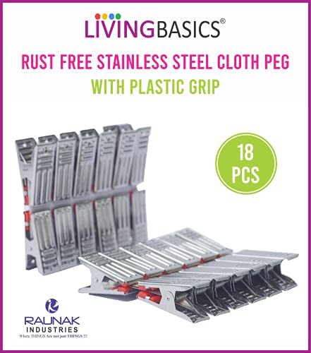 LivingBasics® - 18 Pcs Heavy Duty Rust Free Cloth Peg/Clothes Clip/Cloth Drying Pins/Pegs for Hanger/Rods/Ropes/Drying Clothes (SS Clip with Plastic Grip with Storage Bag)
