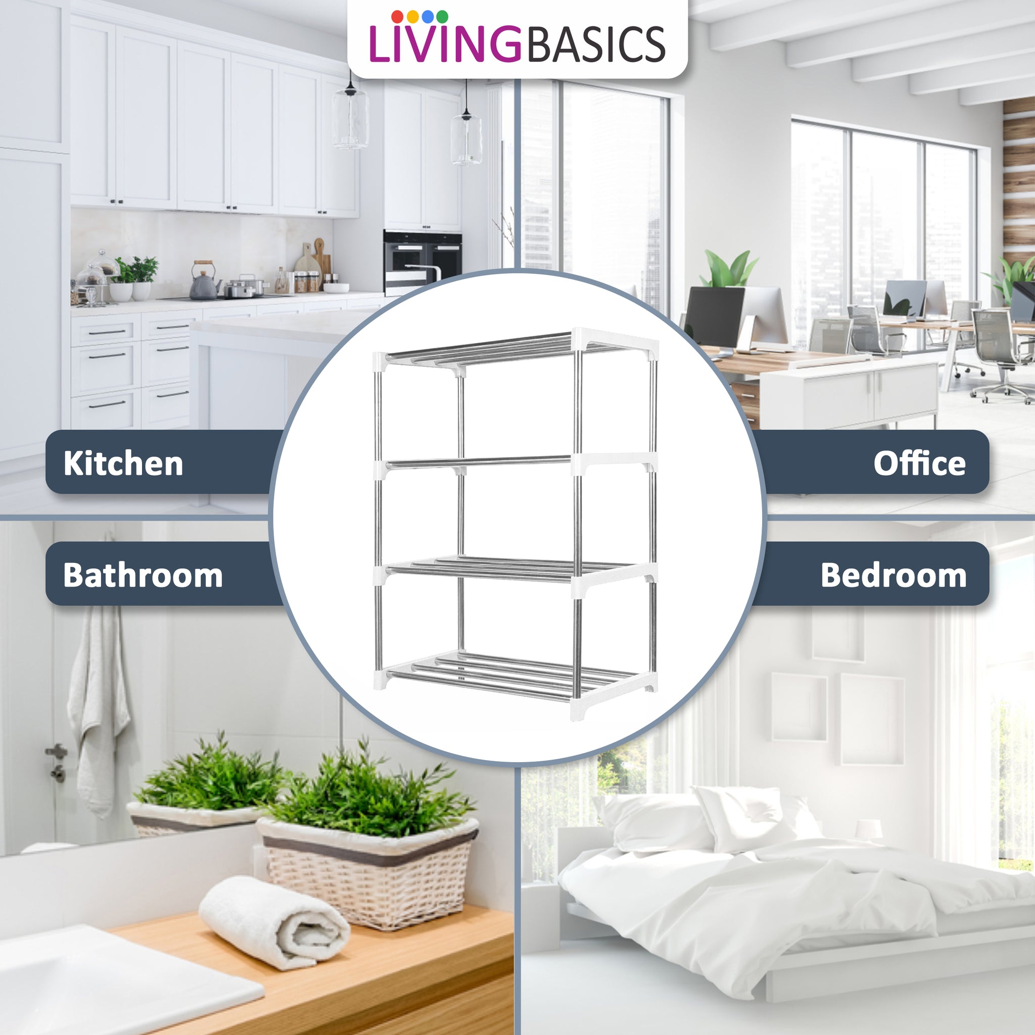 LIVINGBASICS Stainless Steel Multifunctional/Multipurpose Storage Shelves/Rack/Stand for Home/Office/Kitchen/Balcony/Bathroom/Study Room