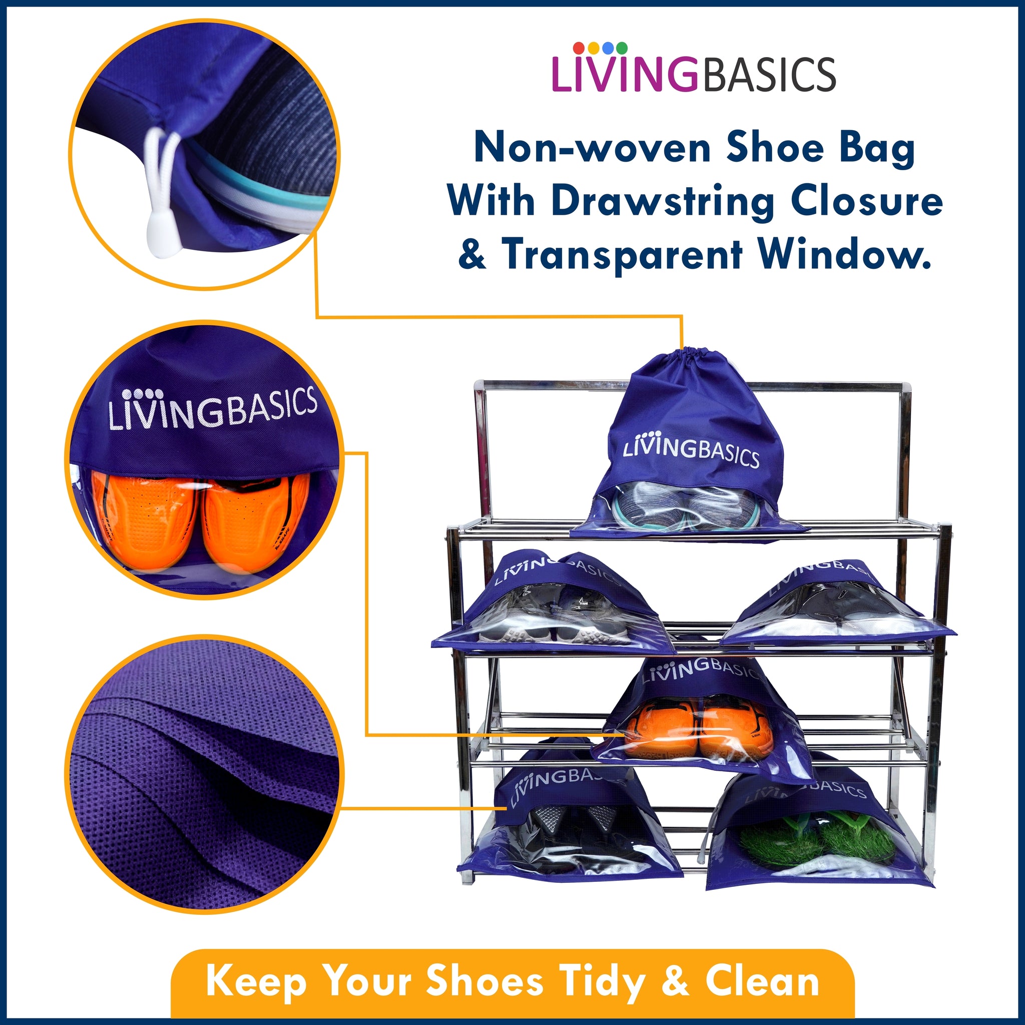 LIVINGBASICS Multi-USE Shoe Cover Bags (Non Woven- Navy Blue, 6 Pieces)