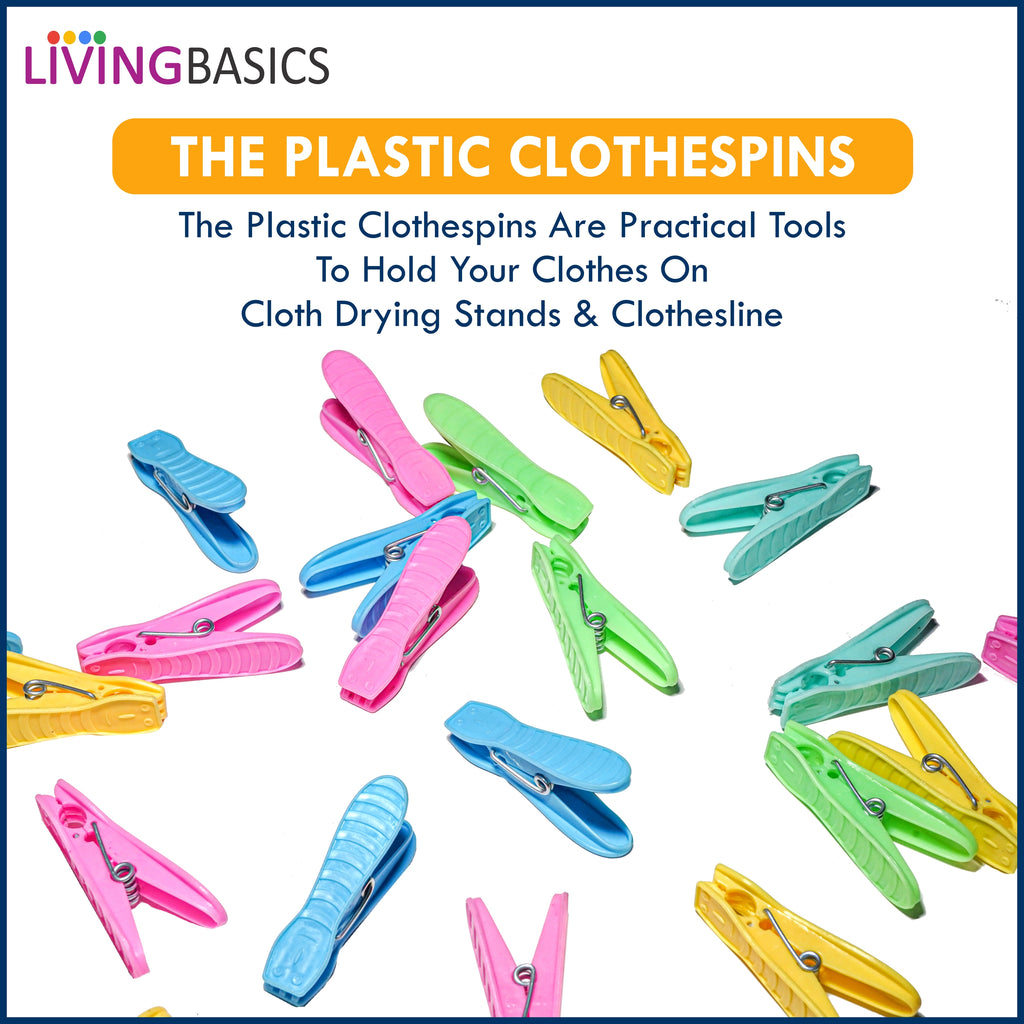 LivingBasics® Heavy Duty Rust Free Cloth Peg/Clothes Clip/Cloth Drying Pins/Pegs for Hanger/Rods/Ropes/Drying Clothes (24 Cloth Clip for Cloth Drying Stand) P (24 Cloth Clips for Ropes (M009))