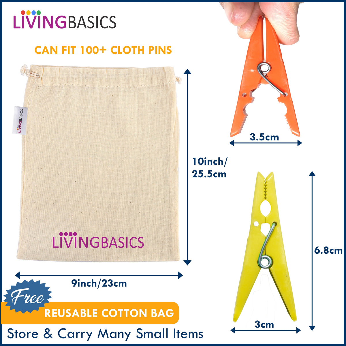 LivingBasics® Heavy Duty Rust Free Cloth Peg/Clothes Clip/Cloth Drying Pins/Pegs for Hanger/Rods/Ropes/Drying Clothes (24 Cloth Clip for Cloth Drying Stand) Plastic (24 Cloth Clips for Rope (M012))