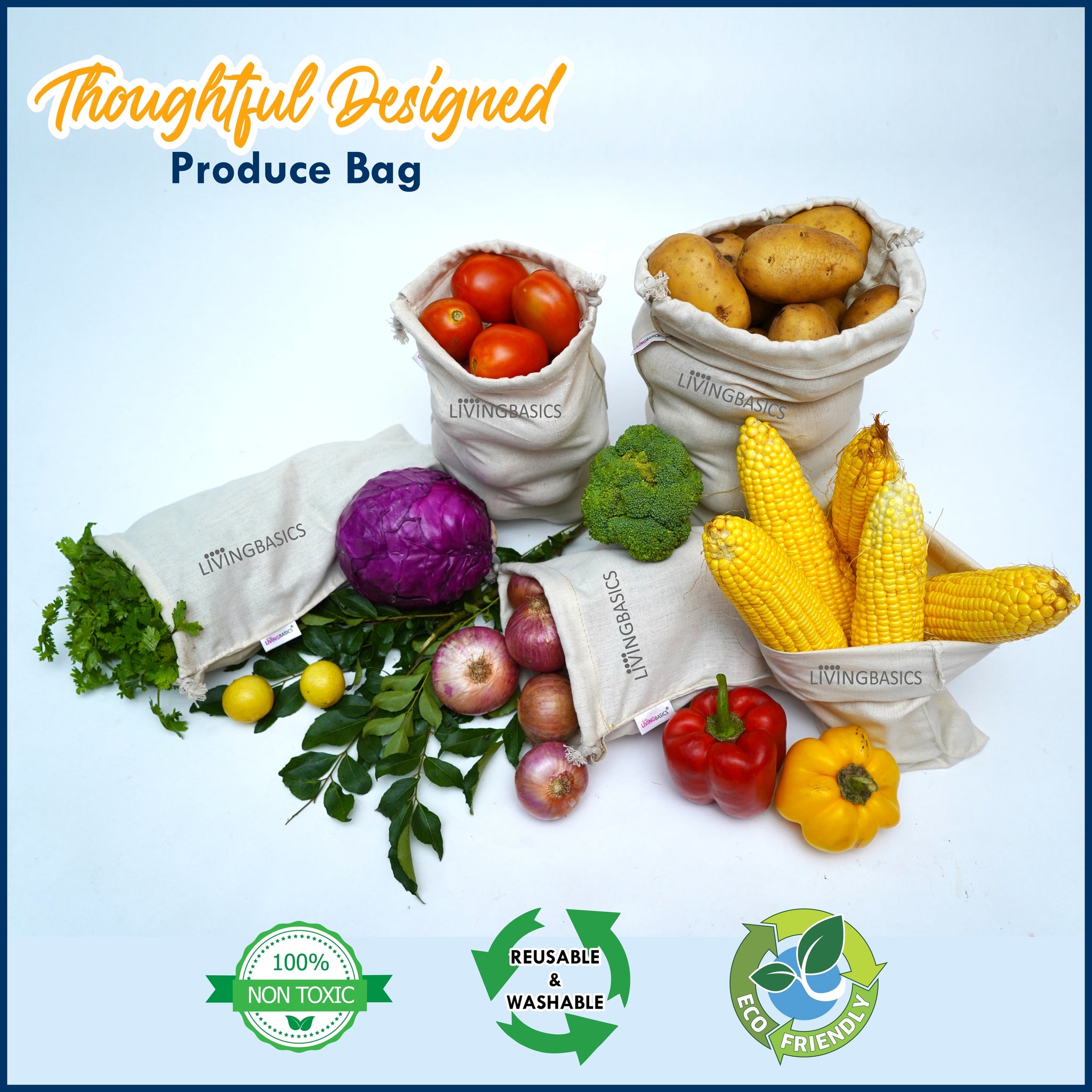 LivingBasics 12 Pcs Premium Cotton Vegetable Storage Bags For Fridge - Vegetables Cover / Covers - Fresh Fruits Pouch / Pouches For Kitchen - Air Circulating Reusable Refrigerator Organizer Bag