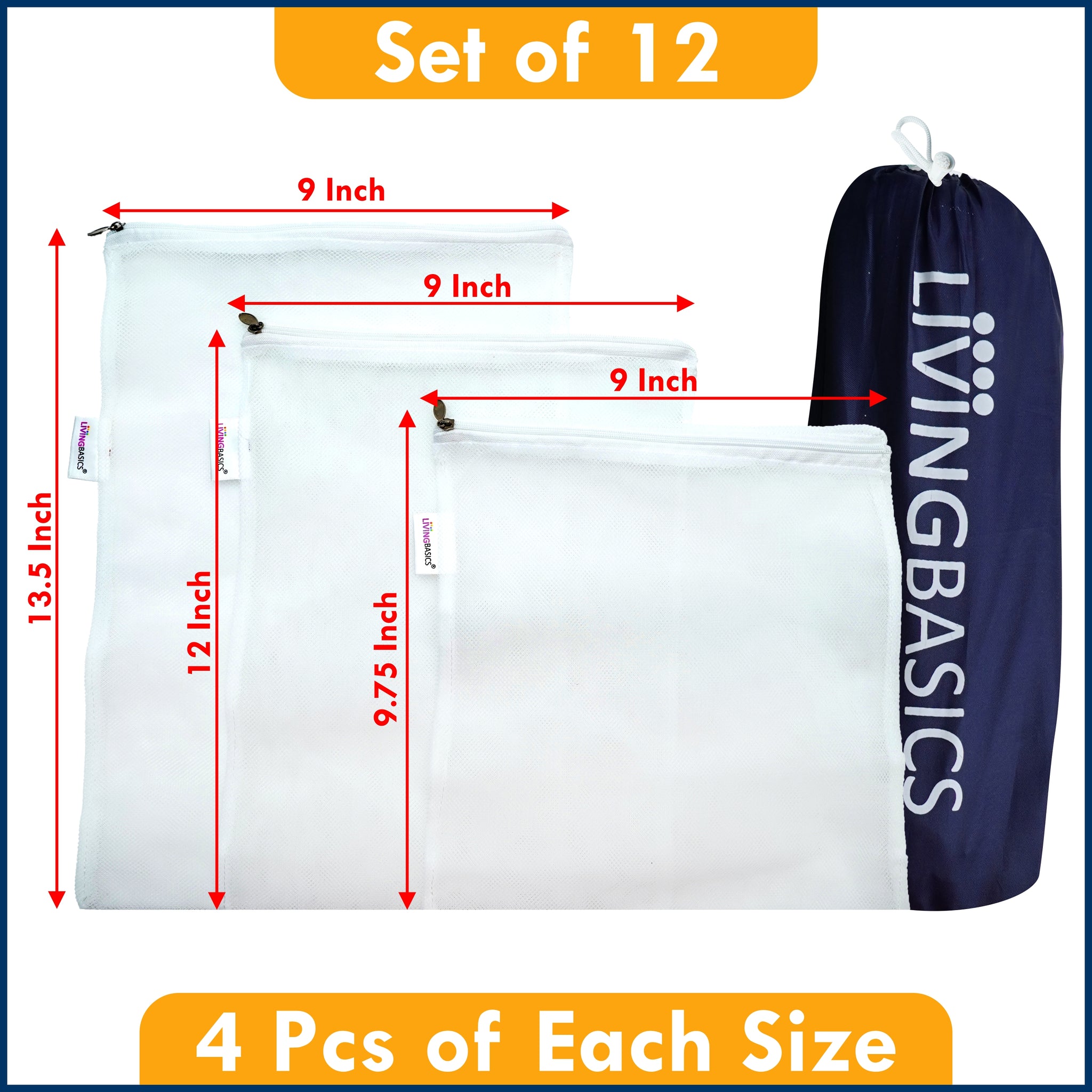 LIVINGBASICS Set of 12 Premium Double Layer Air Circulating Reusable Fridge / Refrigerator Bags / Pouches / Packs for Vegetables and Fruits Having Zip With Storage Bag (4 Large, 4 Medium and 4 Small Size)