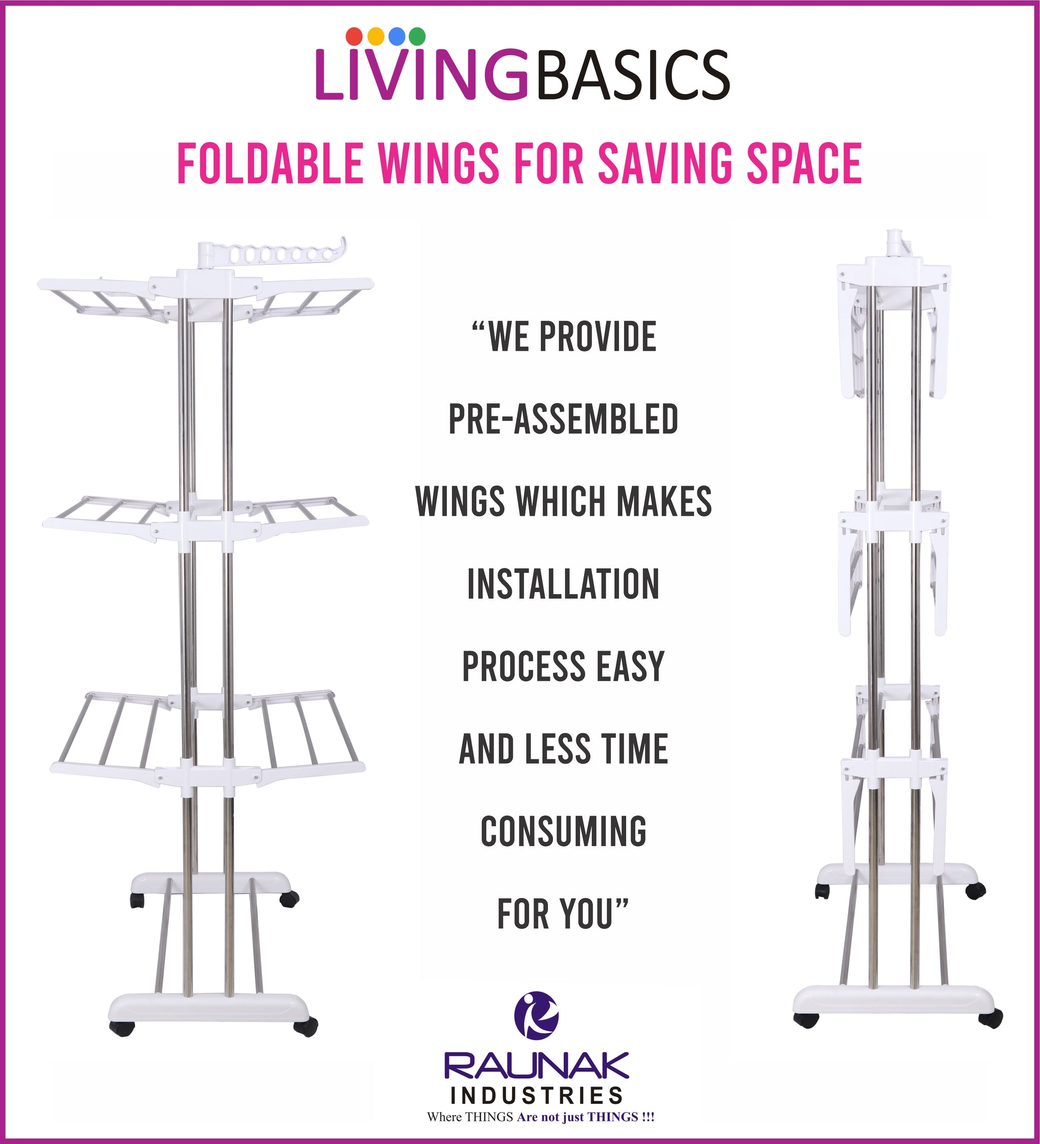 LivingBasics® Heavy Duty Rust-free Double Pole Clothes Drying Racks with Wheels for Indoor/Outdoor/Balcony (COMBO SNOW WHITE  + ICON CLOTH CLIP)
