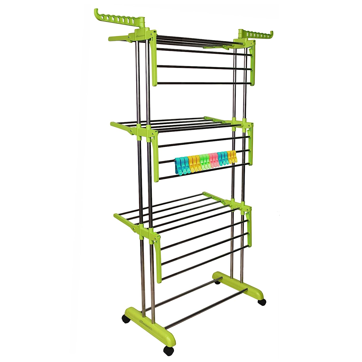 LivingBasics® Heavy Duty Rust-free Double Pole Clothes Drying Racks with Wheels for Indoor/Outdoor/Balcony (COMBO LIME GREEN + ROD CLOTH CLIP)(ABS PLASTIC)