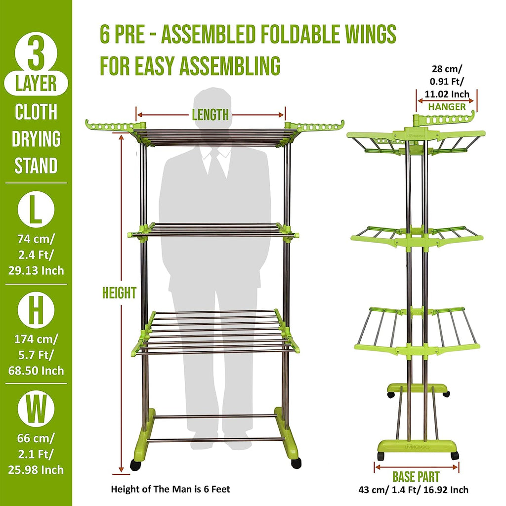 LivingBasics® Heavy Duty Rust-free Double Pole Clothes Drying Racks with Wheels for Indoor/Outdoor/Balcony (COMBO Products LIME  GREEN+ ICON CLOTH CLIP)(ABS PLASTIC)