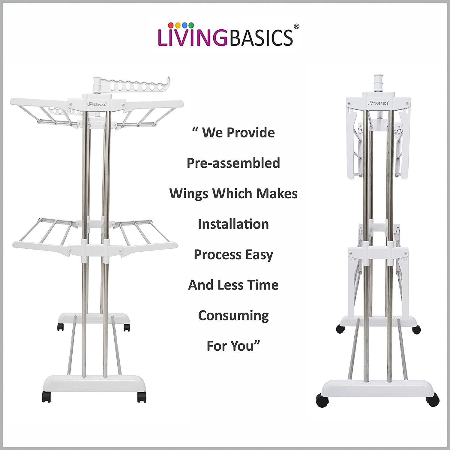 LIVINGBASICS Cloth Drying Stand Rust-Free Stainless Steel & ABS 2 Tier/Layer Foldable Clothes Dryer Rack/Folding Laundry Dry Stands with Wheels for Home/Indoor/Outdoor/Balcony (Snow White)