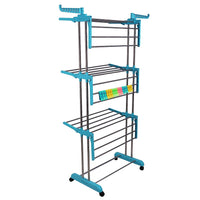 LivingBasics® Heavy Duty Rust-free Double Pole Clothes Drying Racks with Wheels for Indoor/Outdoor/Balcony (COMBO CYAN BLUE + ROD CLOTH CLIP)(ABS PLASTIC)