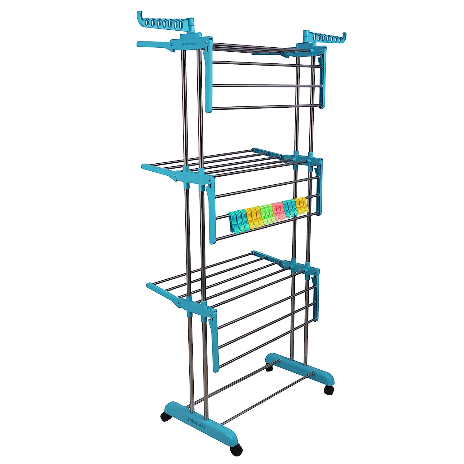 LivingBasics® Heavy Duty Rust-free Double Pole Clothes Drying Racks with Wheels for Indoor/Outdoor/Balcony (COMBO CYAN BLUE + ROD CLOTH CLIP)(ABS PLASTIC)