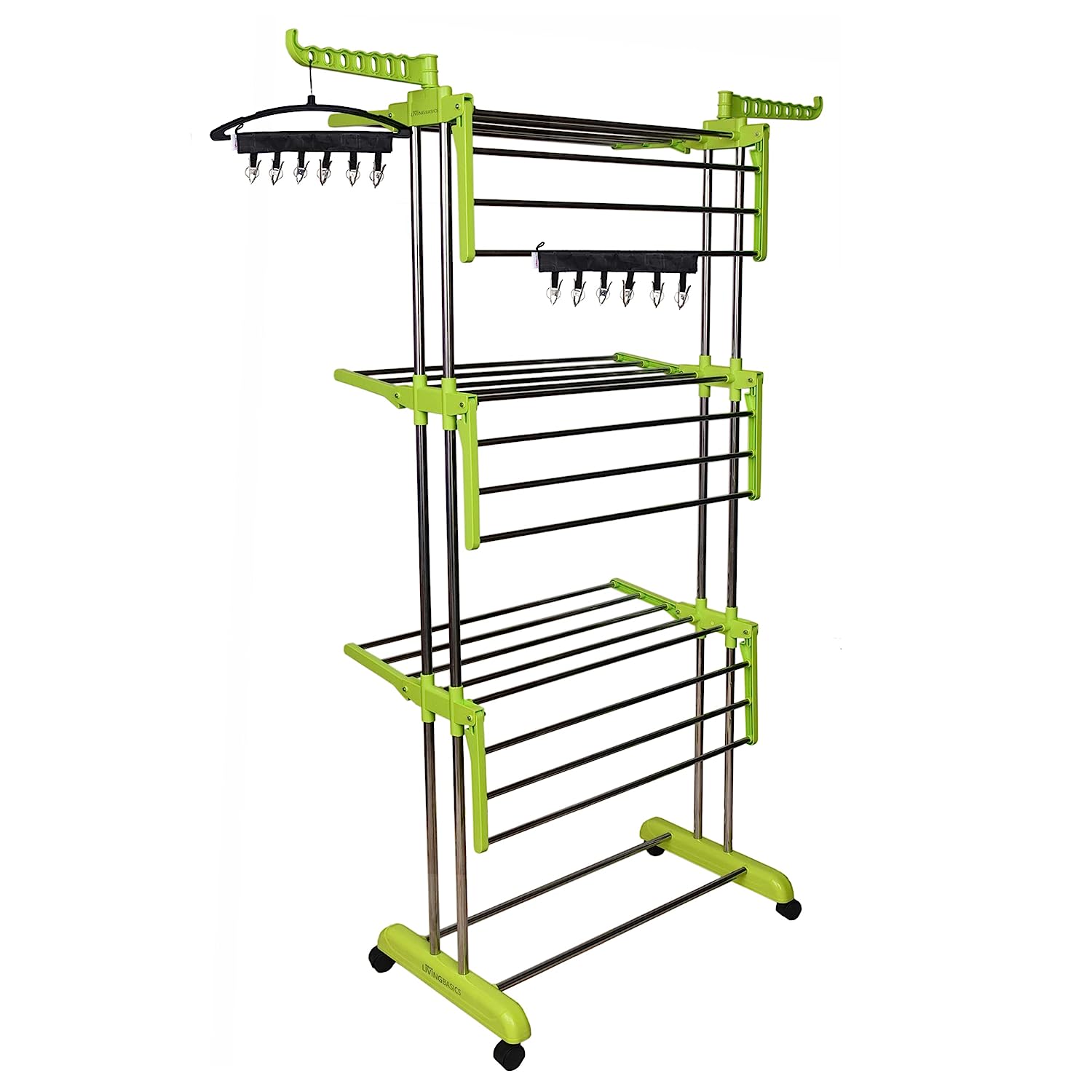LivingBasics® Heavy Duty Rust-free Double Pole Clothes Drying Racks with Wheels for Indoor/Outdoor/Balcony (COMBO Products LIME  GREEN+ ICON CLOTH CLIP)(ABS PLASTIC)