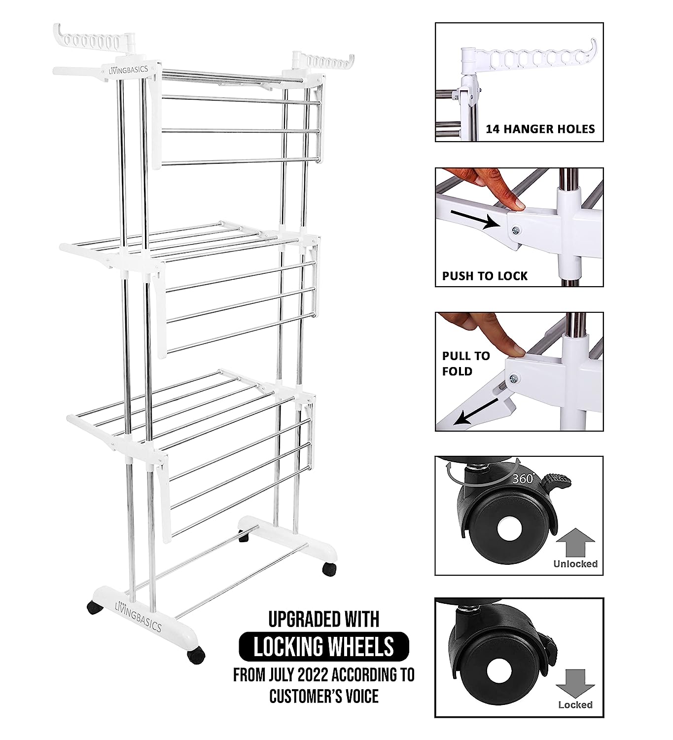 LivingBasics® Heavy Duty Rust-free Double Pole Clothes Drying Racks with Wheels for Indoor/Outdoor/Balcony (COMBO SNOW WHITE  + ICON CLOTH CLIP)