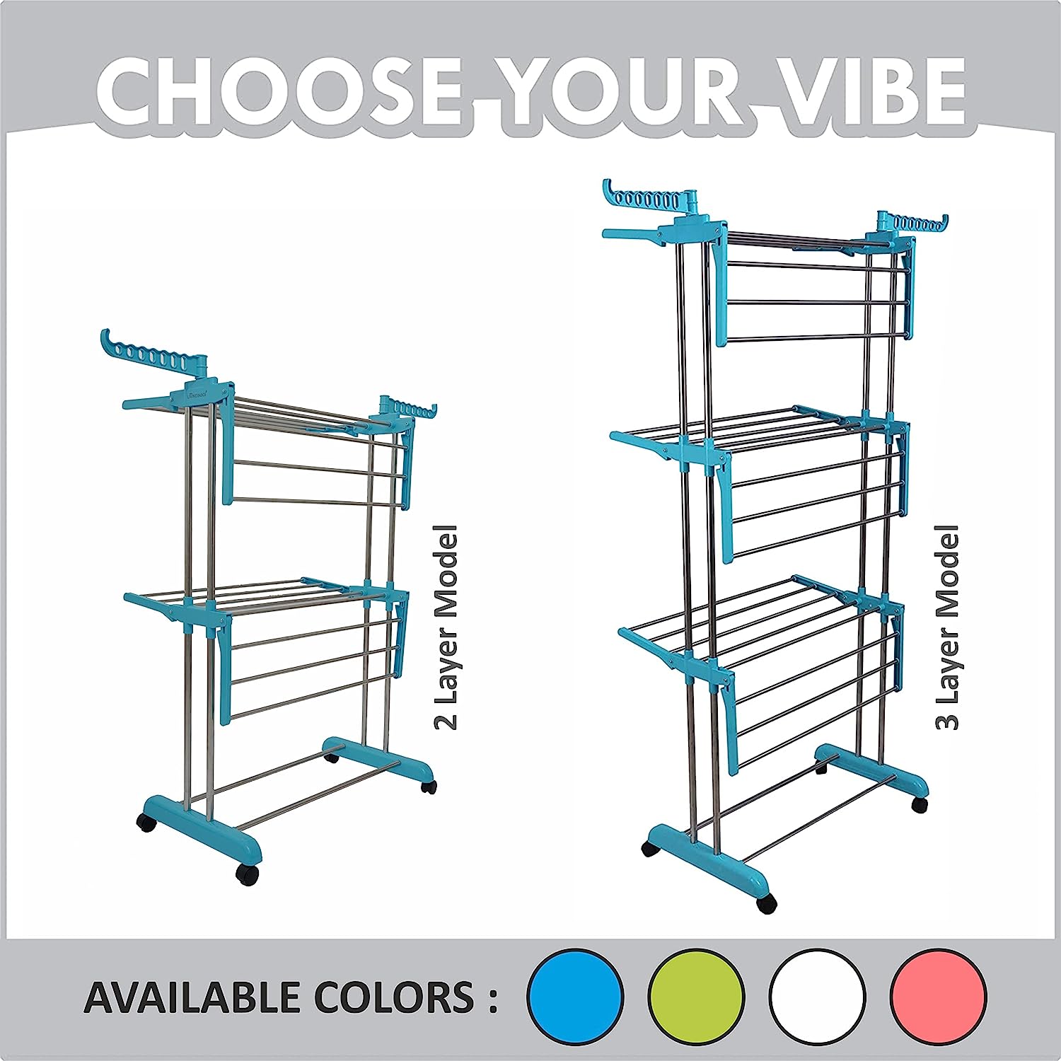 LIVINGBASICS Cloth Drying Stand Rust-Free Stainless Steel & ABS 2 Layer Foldable Clothes Dryer Rack / Folding Laundry Dry Stands with Wheels for Home / Indoor / Outdoor / Balcony (Cyan Blue)
