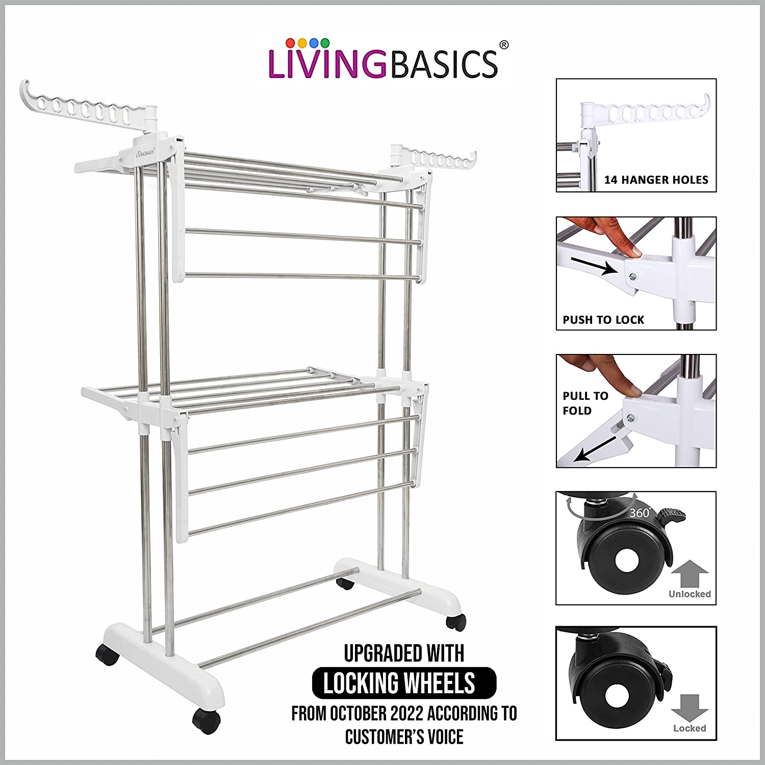 LIVINGBASICS Cloth Drying Stand Rust-Free Stainless Steel & ABS 2 Tier/Layer Foldable Clothes Dryer Rack/Folding Laundry Dry Stands with Wheels for Home/Indoor/Outdoor/Balcony (Snow White)