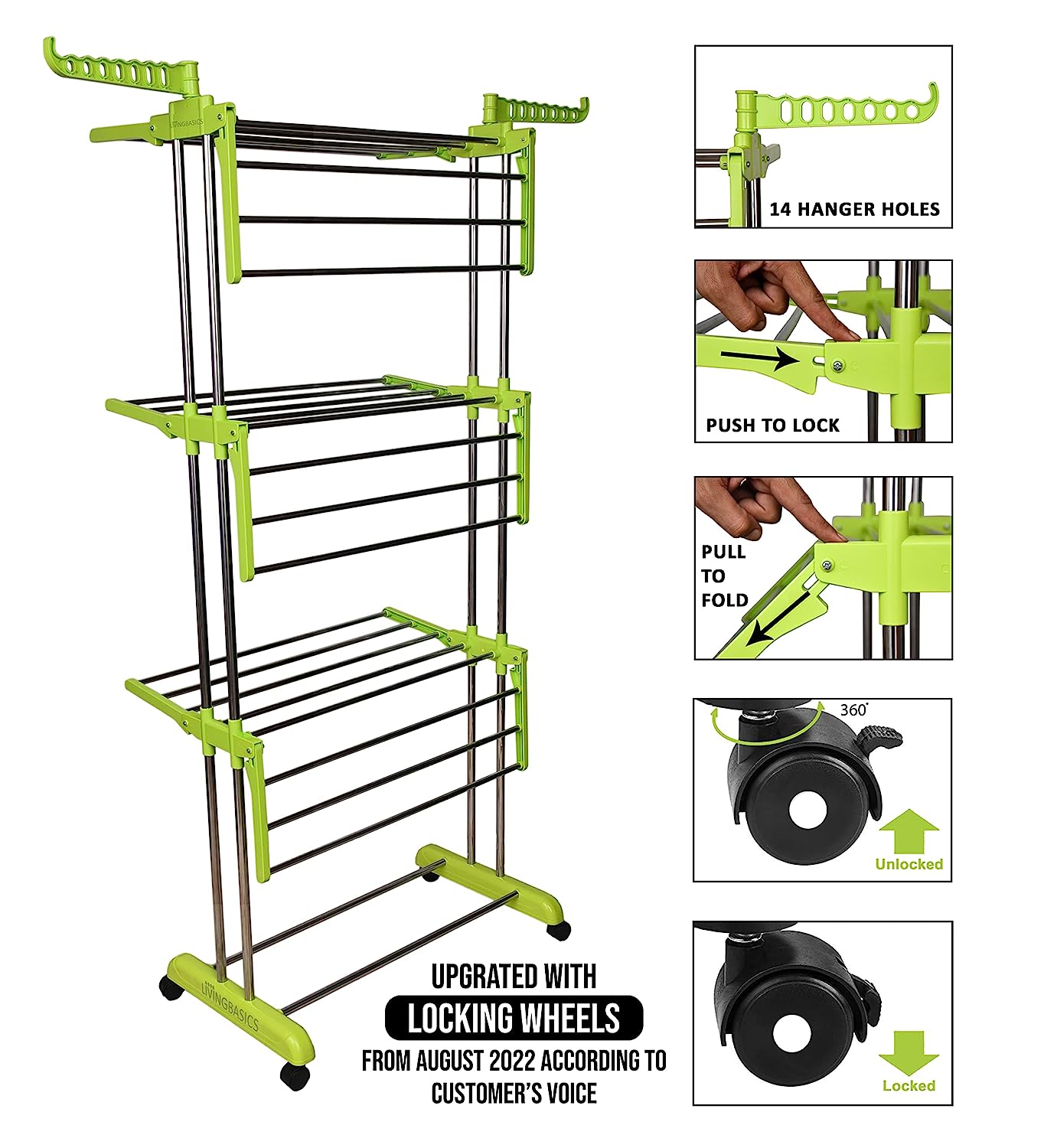 LivingBasics® Heavy Duty Rust-free Double Pole Clothes Drying Racks with Wheels for Indoor/Outdoor/Balcony (COMBO LIME GREEN + ROD CLOTH CLIP)(ABS PLASTIC)