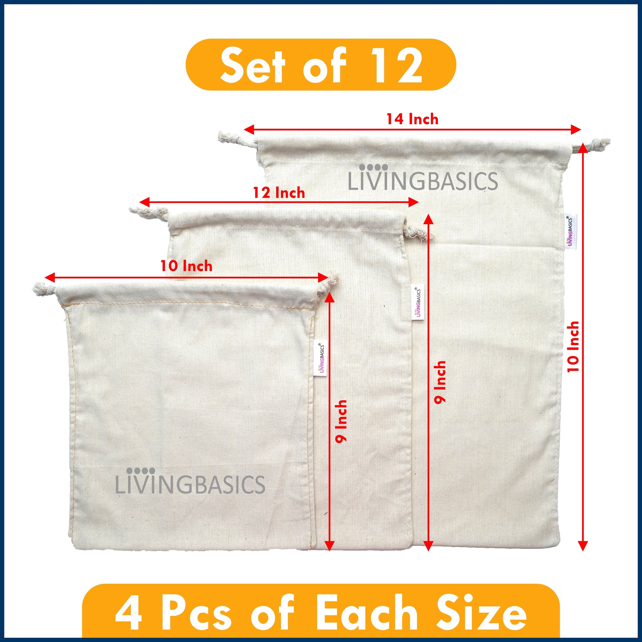 LivingBasics 12 Pcs Premium Cotton Vegetable Storage Bags For Fridge - Vegetables Cover / Covers - Fresh Fruits Pouch / Pouches For Kitchen - Air Circulating Reusable Refrigerator Organizer Bag
