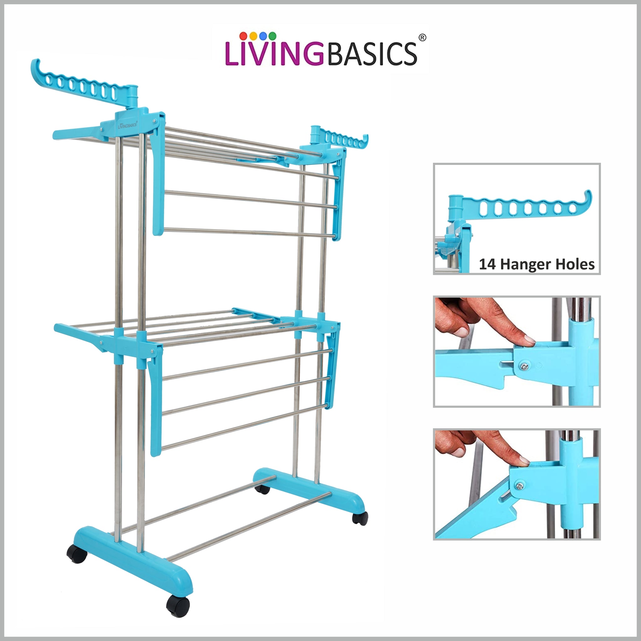 LIVINGBASICS Cloth Drying Stand Rust-Free Stainless Steel & ABS 2 Layer Foldable Clothes Dryer Rack / Folding Laundry Dry Stands with Wheels for Home / Indoor / Outdoor / Balcony (Cyan Blue)