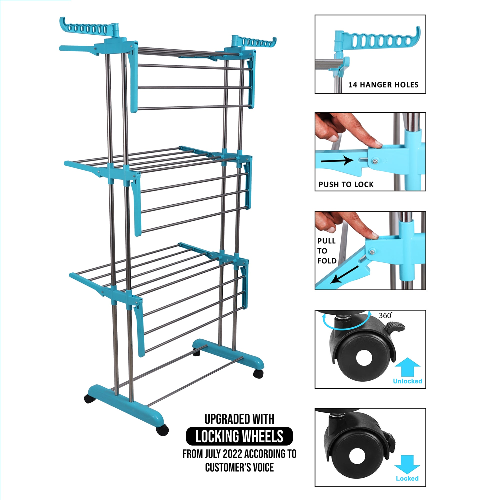 LivingBasics Stainless Steel Double Pole Foldable Clothes Drying Stand/Cloth Dryer Stands/Laundry Dry Rack with Wheels for Indoor/Outdoor/Balcony (Cyan Blue) (ABS Plastic)