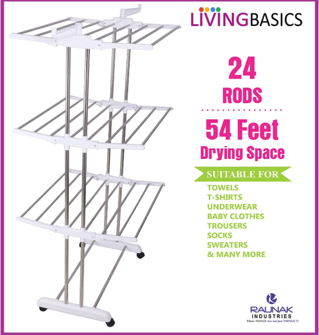 Products LivingBasics Stainless Steel Double Pole Foldable Clothes Drying Stand/Cloth Dryer Stands/Laundry Dry Rack with Wheels for Indoor/Outdoor/Balcony (Snow White) (ABS Plastic)