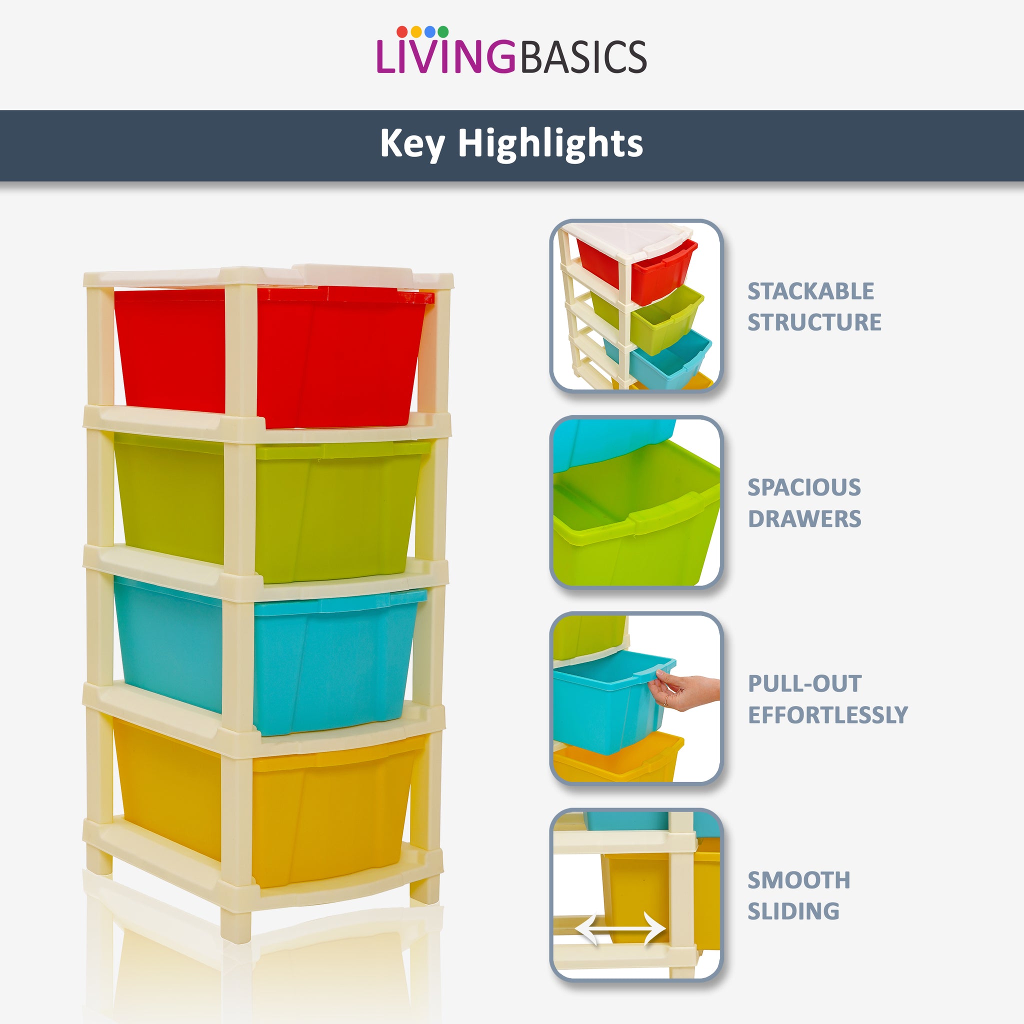LivingBasics Free-Standing Multipurpose Plastic Storage Drawers Organizer/Shelves/Rack, Sturdy Units for Home, Kids Room, Office, Kitchen, Bathroom, Livingroom, Salons (4 Layer, Multicolor)