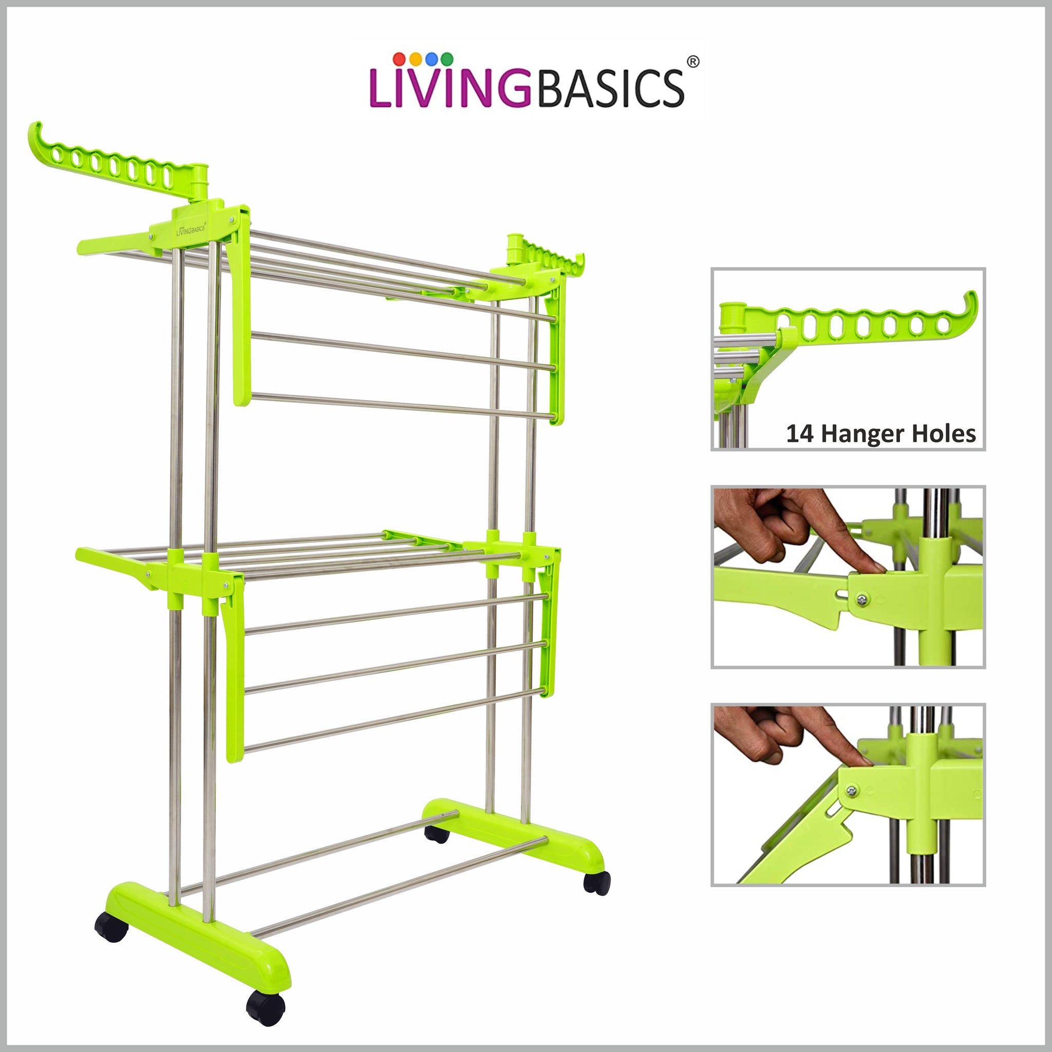 LIVINGBASICS Cloth Drying Stand Rust-Free Stainless Steel & ABS 2 Layer Foldable Clothes Dryer Rack / Folding Laundry Dry Stands with Wheels for Home / Indoor / Outdoor / Balcony (Lime Green)
