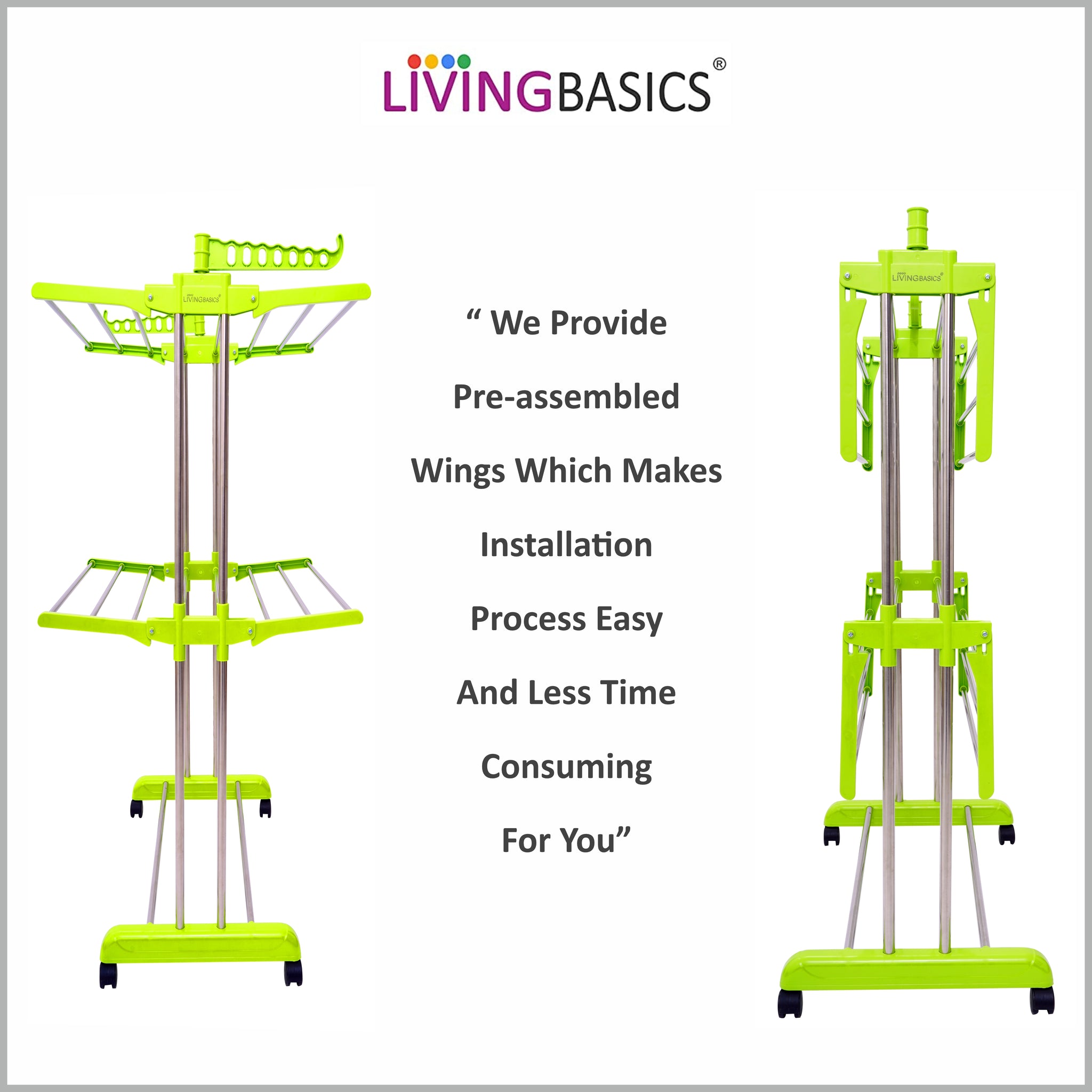 LIVINGBASICS Cloth Drying Stand Rust-Free Stainless Steel & ABS 2 Layer Foldable Clothes Dryer Rack / Folding Laundry Dry Stands with Wheels for Home / Indoor / Outdoor / Balcony (Lime Green)