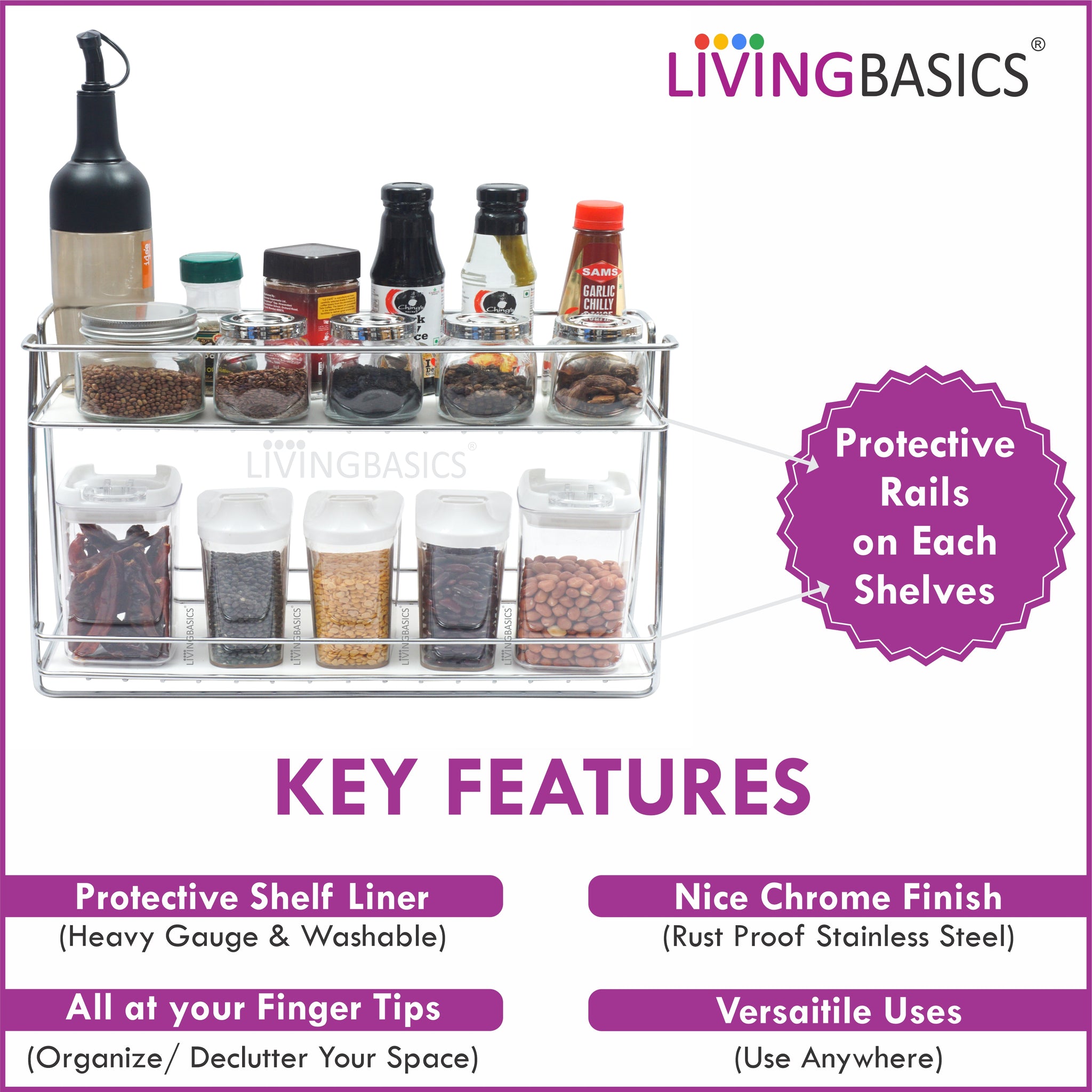 LIVINGBASICS Kitchen Spice Container Rack Organizer For Platform Steel 2 Tier