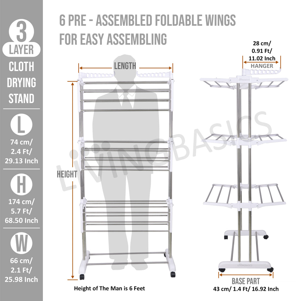 Products LivingBasics Stainless Steel Double Pole Foldable Clothes Drying Stand/Cloth Dryer Stands/Laundry Dry Rack with Wheels for Indoor/Outdoor/Balcony (Snow White) (ABS Plastic)