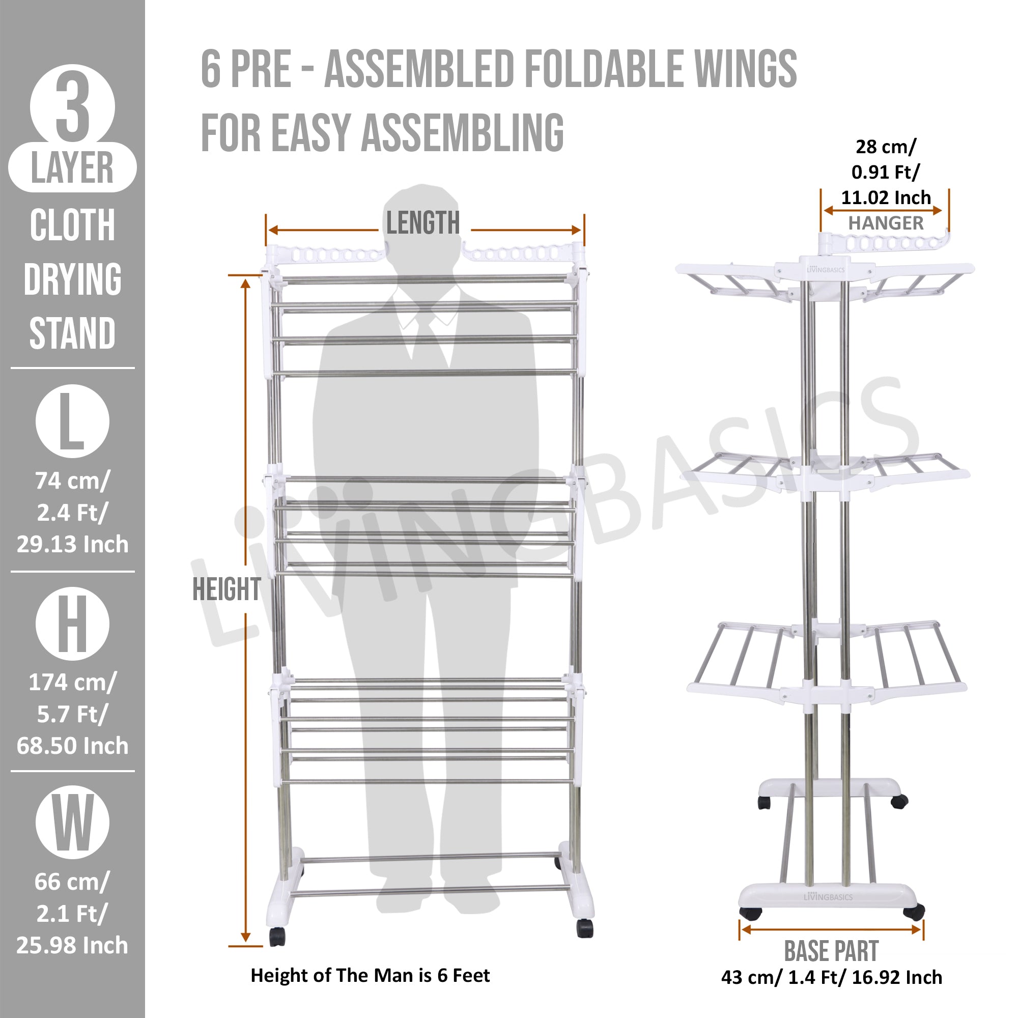 Products LivingBasics Stainless Steel Double Pole Foldable Clothes Drying Stand/Cloth Dryer Stands/Laundry Dry Rack with Wheels for Indoor/Outdoor/Balcony (Snow White) (ABS Plastic)