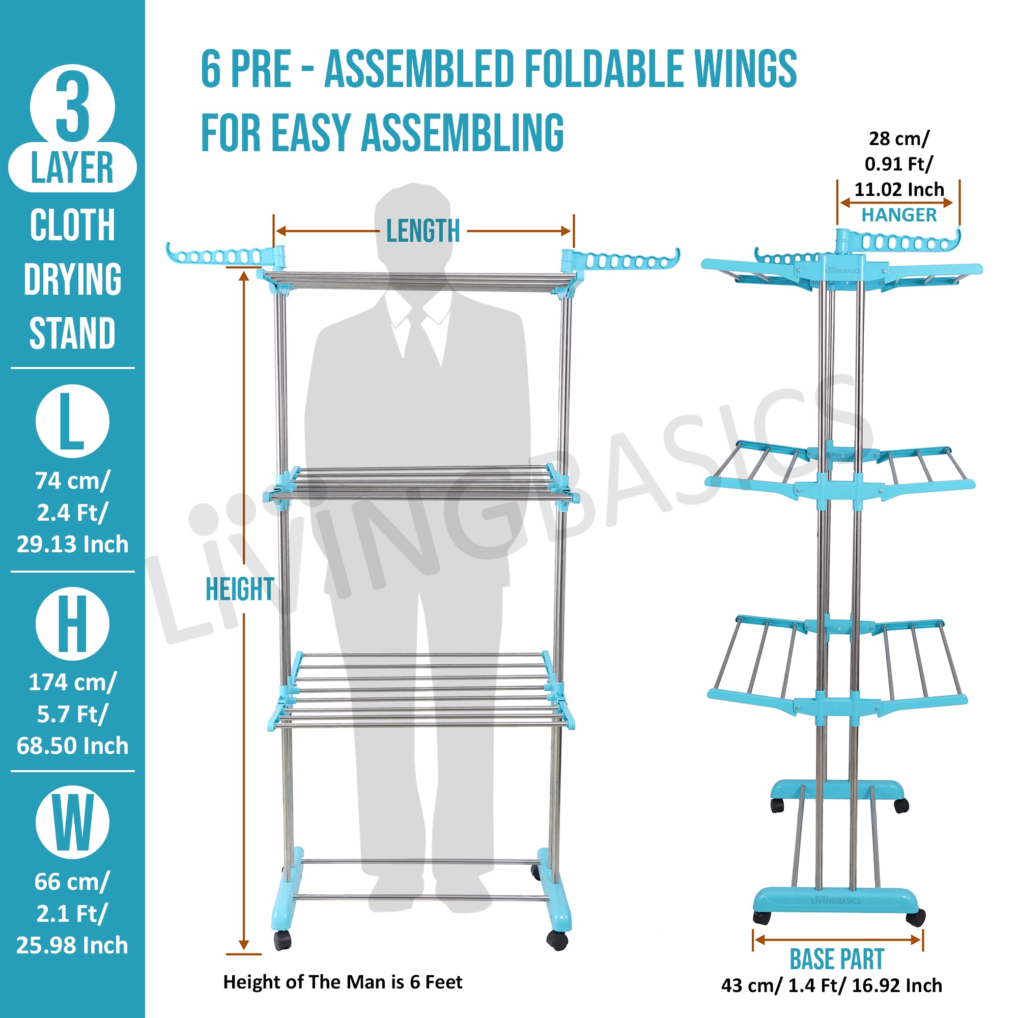 LivingBasics Stainless Steel Double Pole Foldable Clothes Drying Stand/Cloth Dryer Stands/Laundry Dry Rack with Wheels for Indoor/Outdoor/Balcony (Cyan Blue) (ABS Plastic)