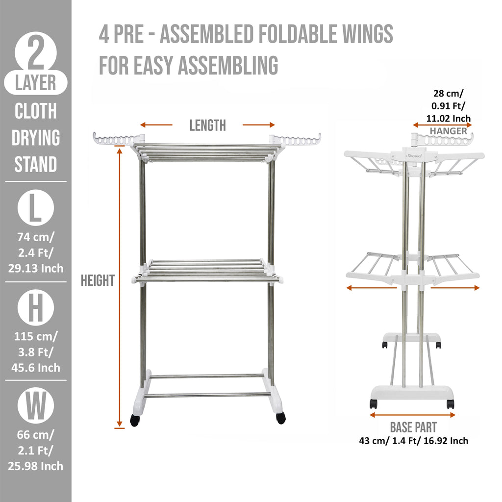 LIVINGBASICS Cloth Drying Stand Rust-Free Stainless Steel & ABS 2 Tier/Layer Foldable Clothes Dryer Rack/Folding Laundry Dry Stands with Wheels for Home/Indoor/Outdoor/Balcony (Snow White)