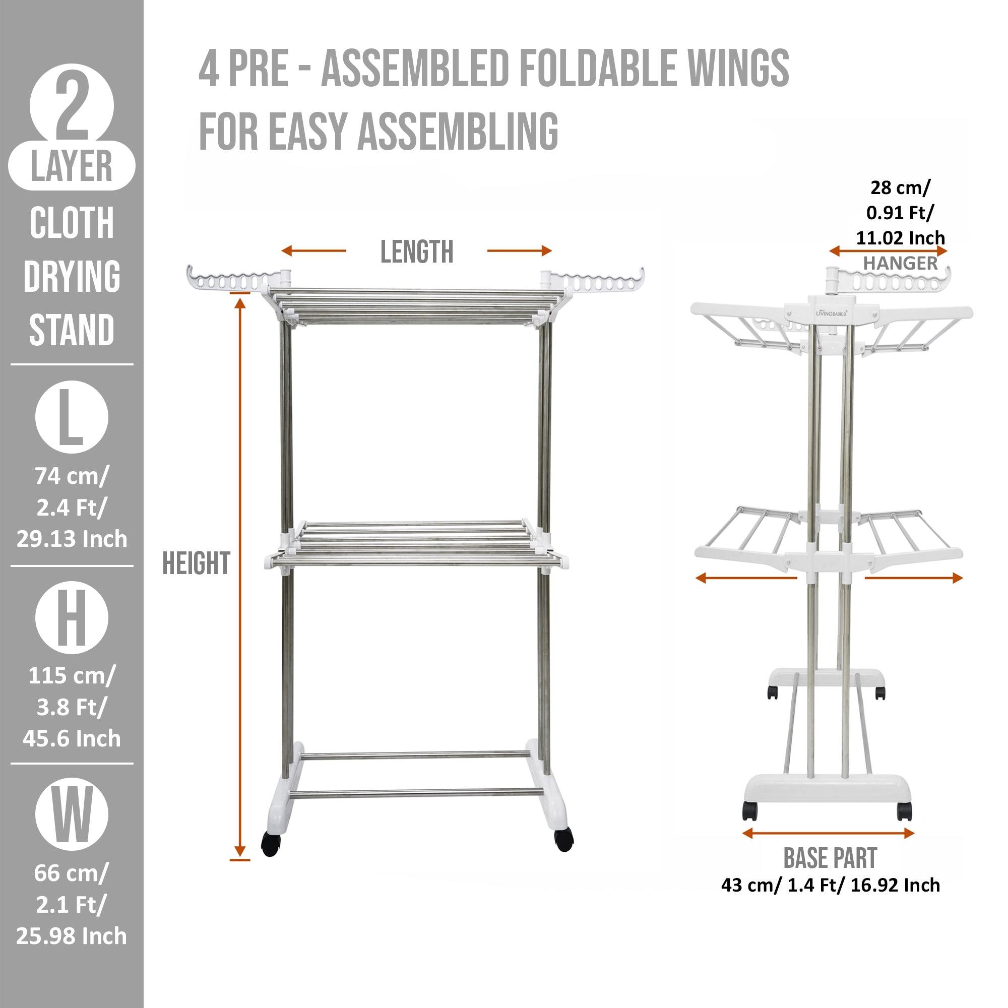 LIVINGBASICS Cloth Drying Stand Rust Free Stainless Steel ABS 2 Tier Layer Foldable Clothes Dryer Rack Folding Laundry Dry Stands with Wheels for