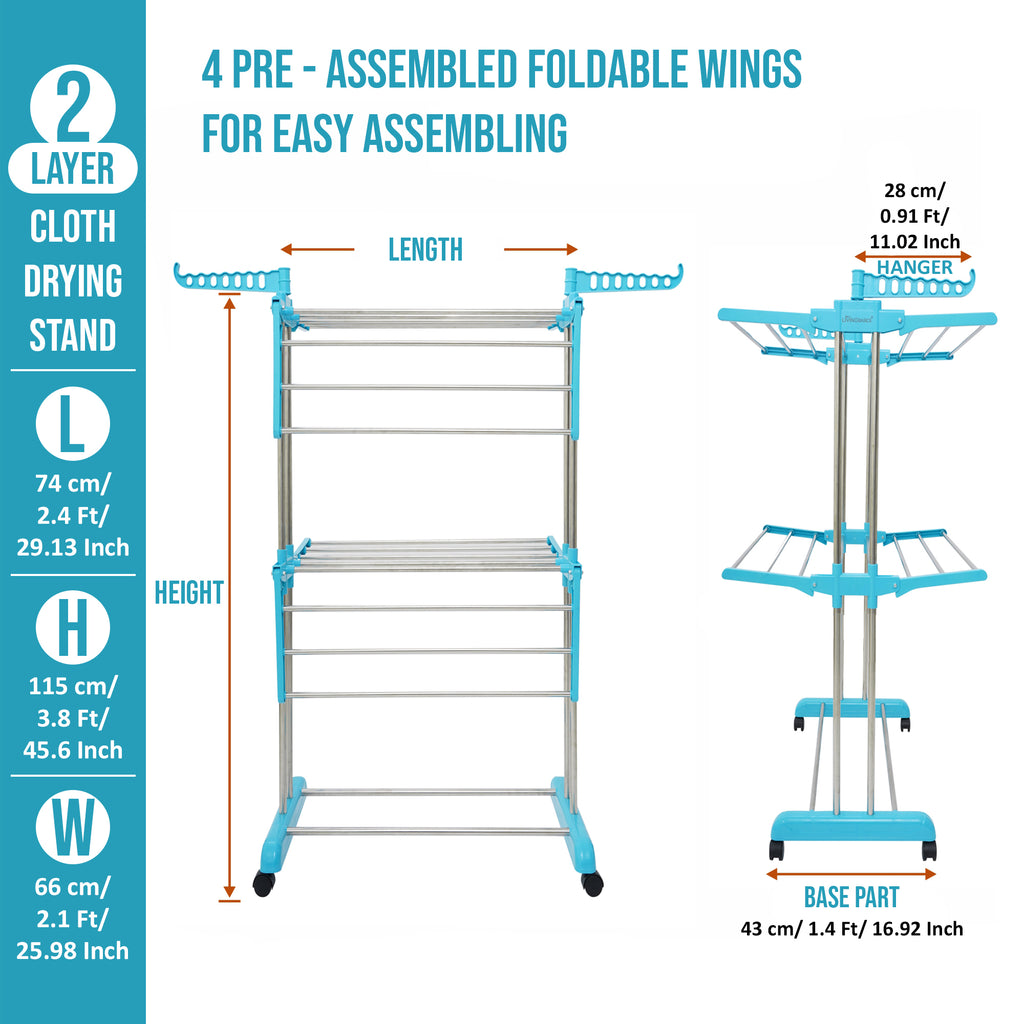 LIVINGBASICS Cloth Drying Stand Rust-Free Stainless Steel & ABS 2 Layer Foldable Clothes Dryer Rack / Folding Laundry Dry Stands with Wheels for Home / Indoor / Outdoor / Balcony (Cyan Blue)