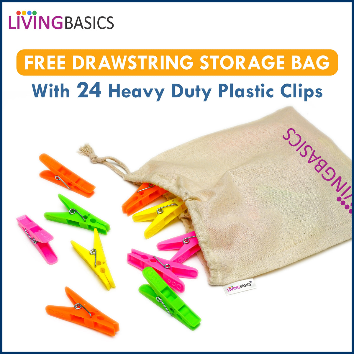 LivingBasics® Heavy Duty Rust Free Cloth Peg/Clothes Clip/Cloth Drying Pins/Pegs for Hanger/Rods/Ropes/Drying Clothes (24 Cloth Clip for Cloth Drying Stand) Plastic (24 Cloth Clips for Rope (M012))