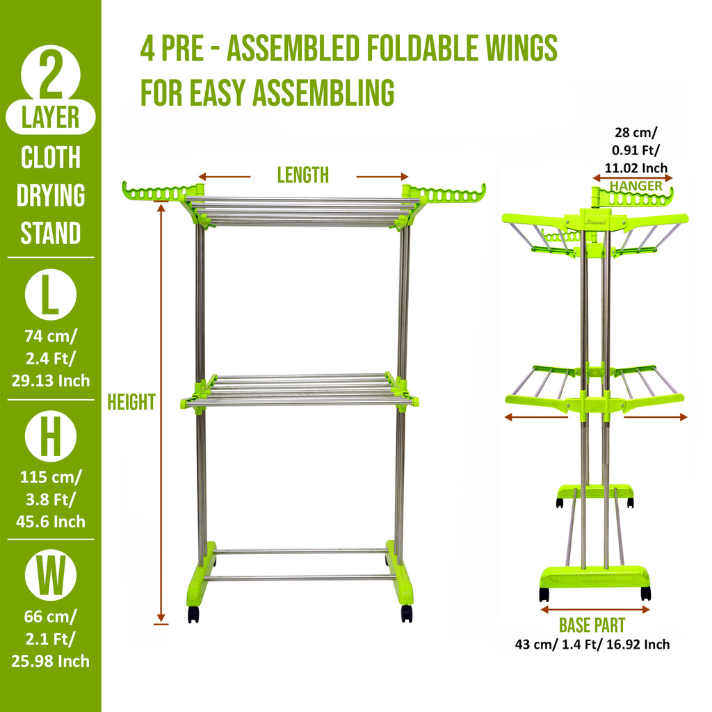 LIVINGBASICS Cloth Drying Stand Rust-Free Stainless Steel & ABS 2 Layer Foldable Clothes Dryer Rack / Folding Laundry Dry Stands with Wheels for Home / Indoor / Outdoor / Balcony (Lime Green)