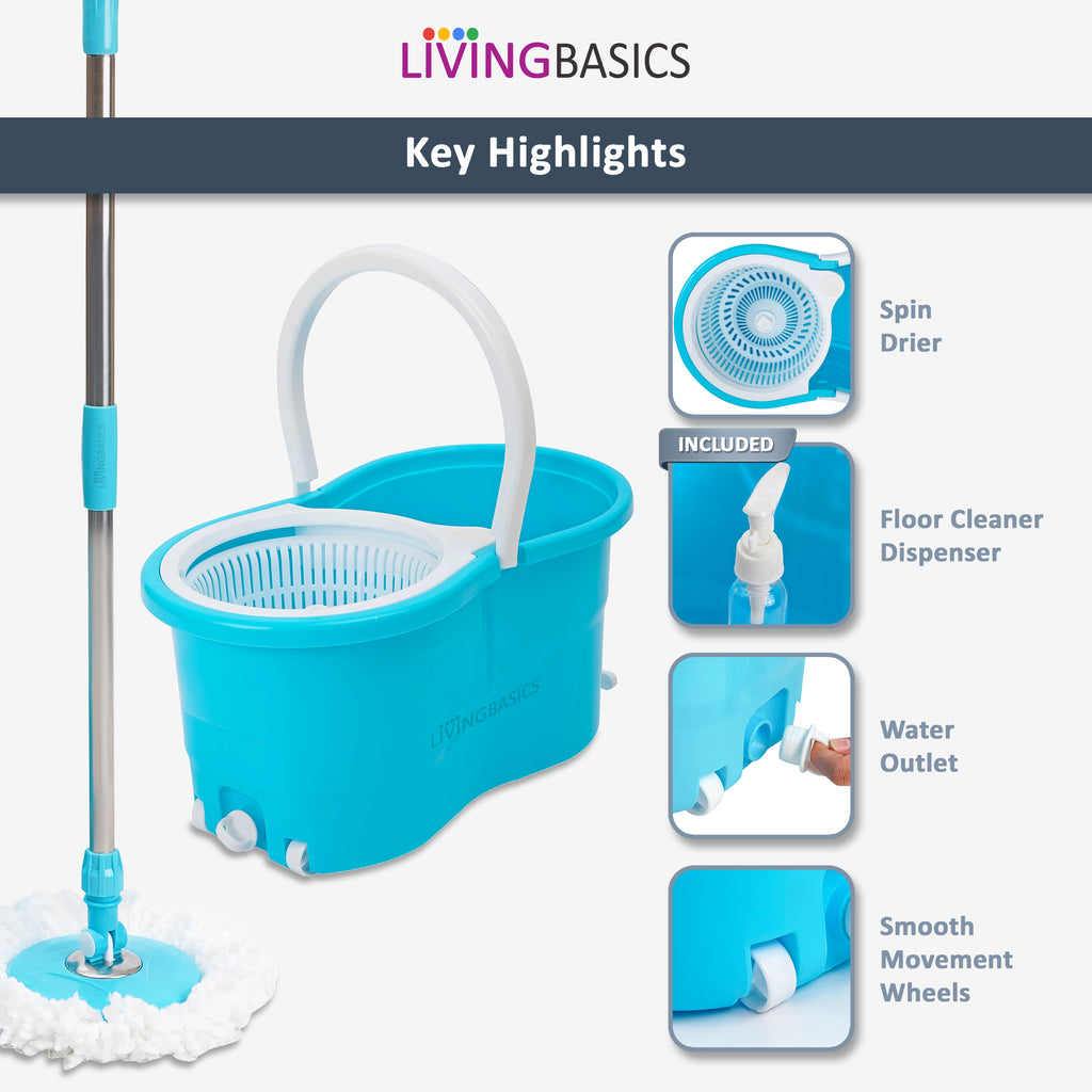 LivingBasics Magic Mop with Bucket for Floor Cleaning Rotation Spinning System (Set- 1 Wringer Pocha Basket Holder with Wheels, 1 Steel Mopping Stick with Handle, Disc Plate & 2 Microfiber Refill)