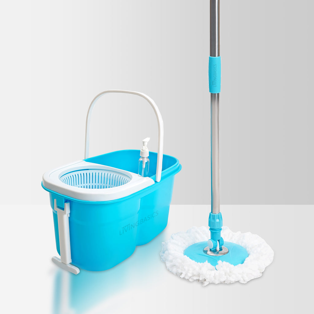 LivingBasics Mop with Bucket for Floor Cleaning Spinning System (Set - 1 Wringer Pocha Basket Holder with Wheels, 1 Steel Mopping Stick/Rod with Handle, Disc Plate & 2 Microfiber Refill)