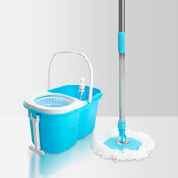 LivingBasics Mop with Bucket for Floor Cleaning Spinning System (Set - 1 Wringer Pocha Basket Holder with Wheels, 1 Steel Mopping Stick/Rod with Handle, Disc Plate & 2 Microfiber Refill)