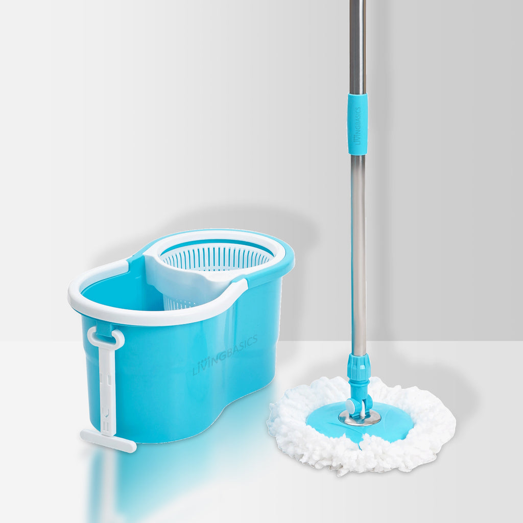 LivingBasics Magic Mop with Bucket for Floor Cleaning Rotation Spinning System (Set- 1 Wringer Pocha Basket Holder with Wheels, 1 Steel Mopping Stick with Handle, Disc Plate & 2 Microfiber Refill)