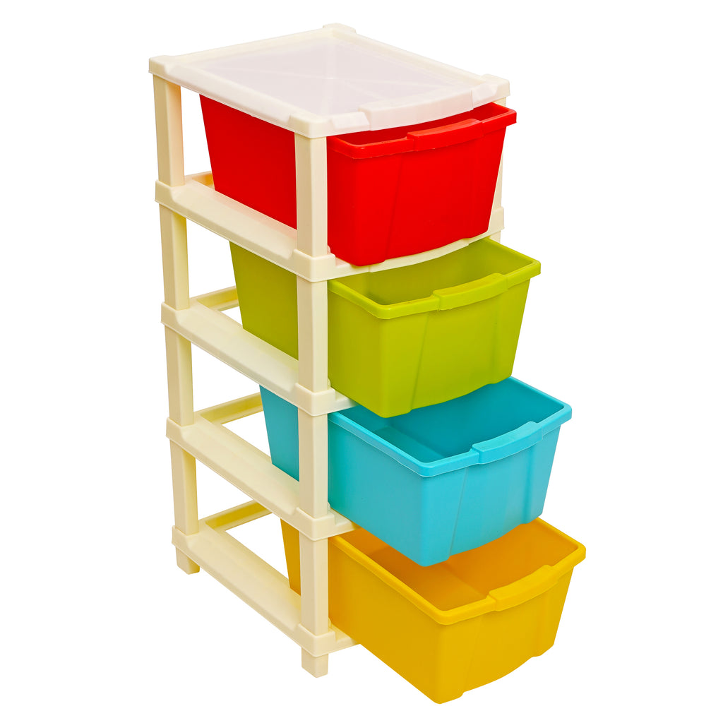 LivingBasics Free-Standing Multipurpose Plastic Storage Drawers Organizer/Shelves/Rack, Sturdy Units for Home, Kids Room, Office, Kitchen, Bathroom, Livingroom, Salons (4 Layer, Multicolor)