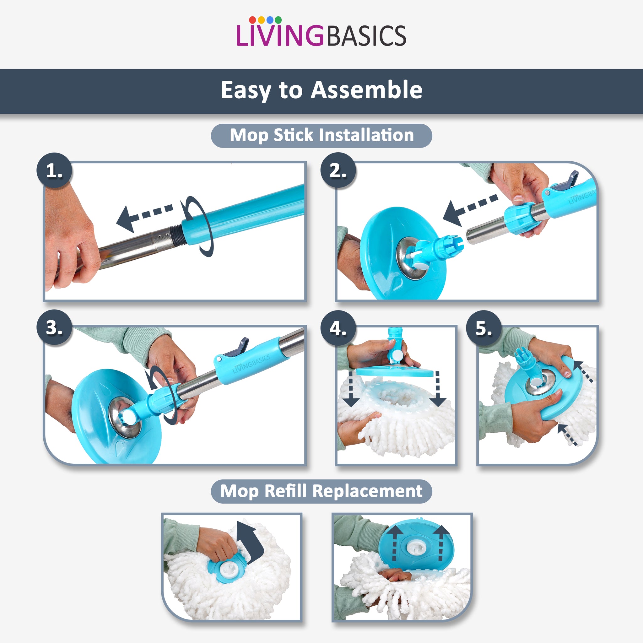 LivingBasics Mop Stick for Floor Cleaning with Microfiber Refill 360 R LIVINGBASICS