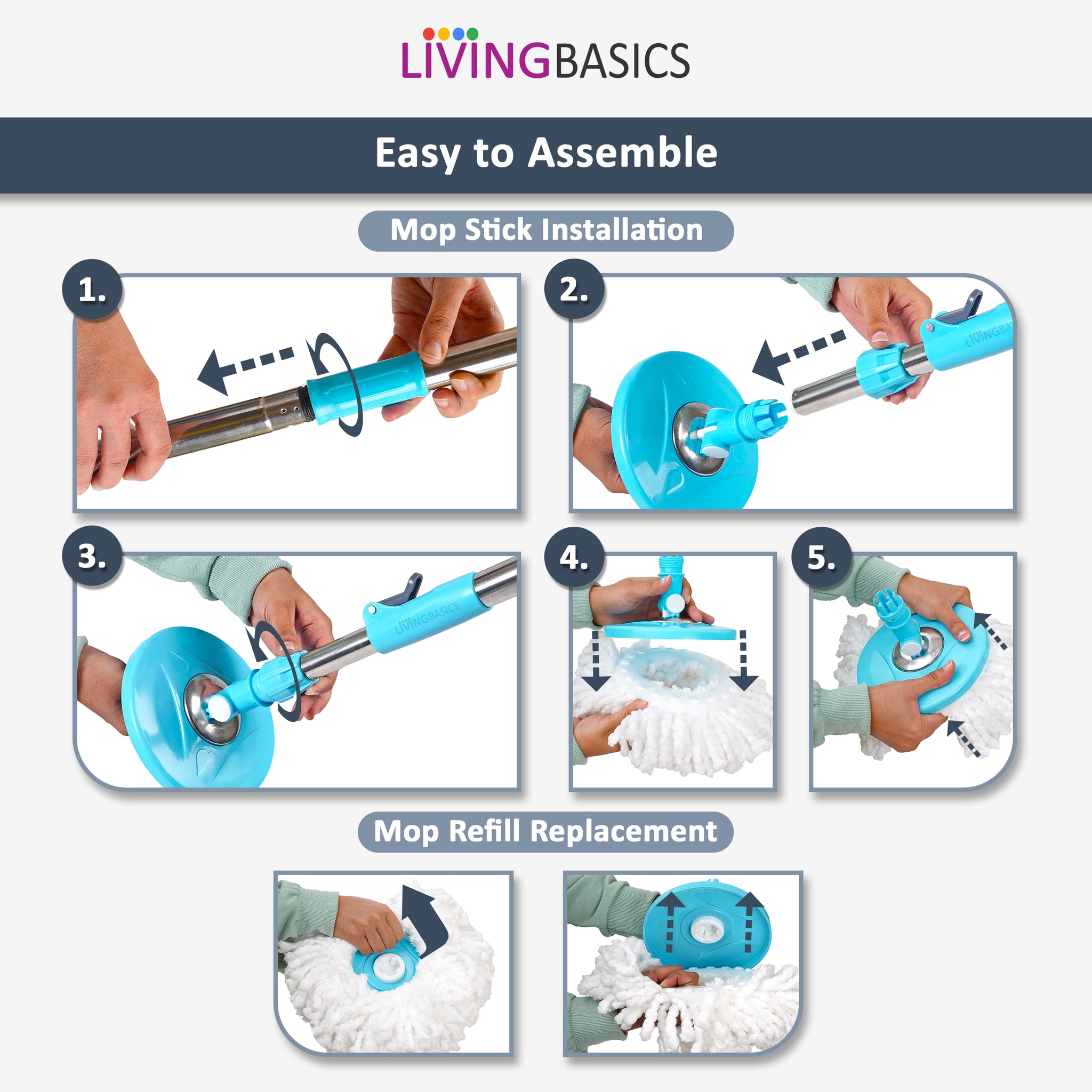 LivingBasics Mop with Bucket for Floor Cleaning Spinning System (Set - 1 Wringer Pocha Basket Holder with Wheels, 1 Steel Mopping Stick/Rod with Handle, Disc Plate & 2 Microfiber Refill)