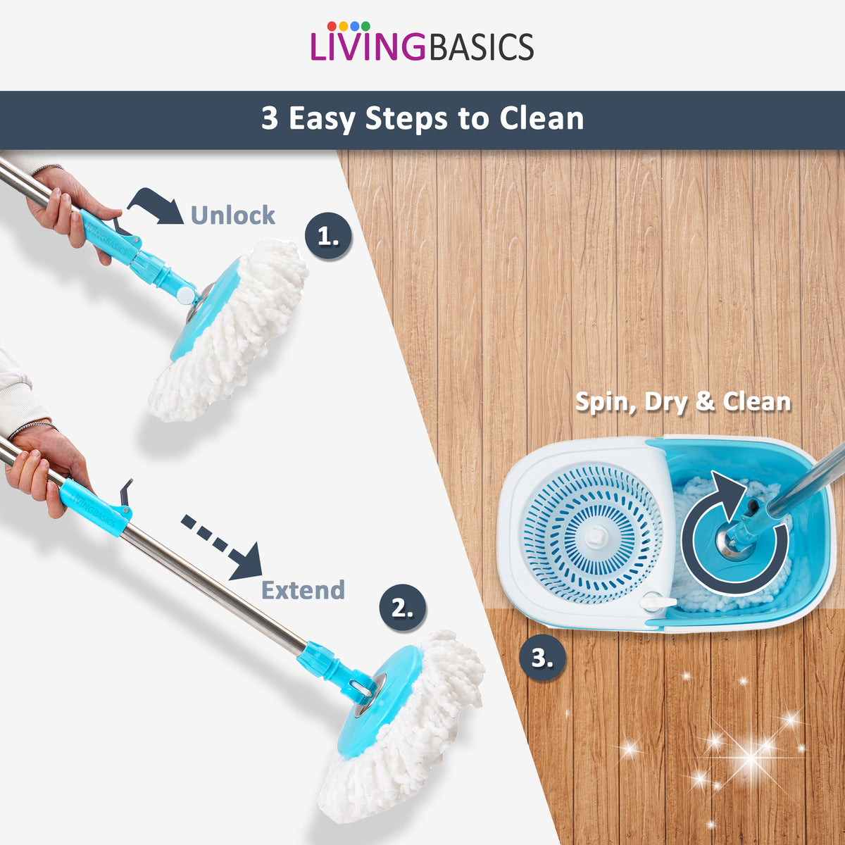 LivingBasics Mop with Bucket for Floor Cleaning Spinning System (Set - 1 Wringer Pocha Basket Holder with Wheels, 1 Steel Mopping Stick/Rod with Handle, Disc Plate & 2 Microfiber Refill)