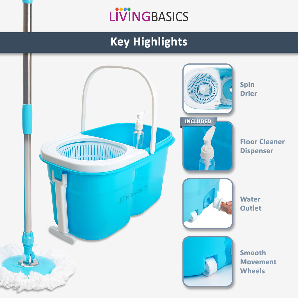 LivingBasics Mop with Bucket for Floor Cleaning Spinning System (Set - 1 Wringer Pocha Basket Holder with Wheels, 1 Steel Mopping Stick/Rod with Handle, Disc Plate & 2 Microfiber Refill)