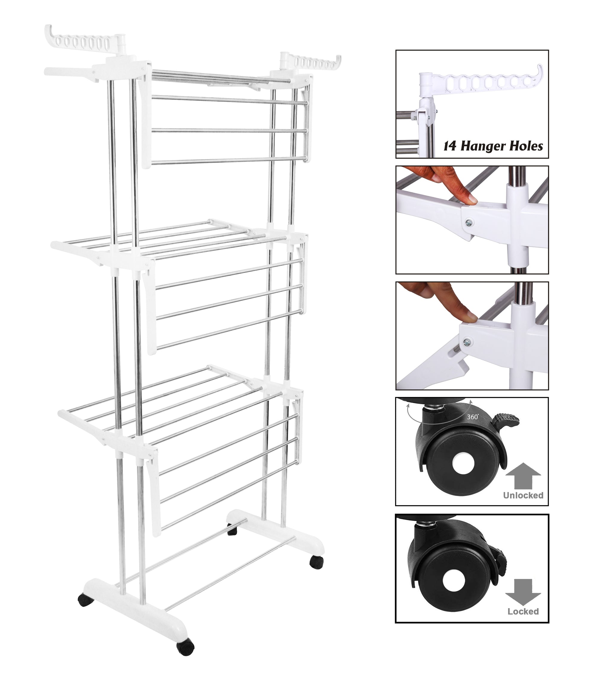 Products LivingBasics Stainless Steel Double Pole Foldable Clothes Drying Stand/Cloth Dryer Stands/Laundry Dry Rack with Wheels for Indoor/Outdoor/Balcony (Snow White) (ABS Plastic)